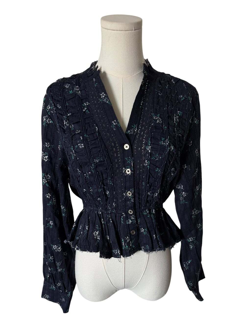 Pilcro Navy Floral Pintuck Peplum Blouse - Picture 2 of 5